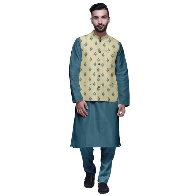 Atasi Mandarin Collar Traditional Solid Kurta Pajama With Printed Jacket Set