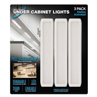 Bell + Howell Under Cabinet White 3 Pack Corded Electric 3500K Motion Sensor Dimmable LED Lights, Easy Clean