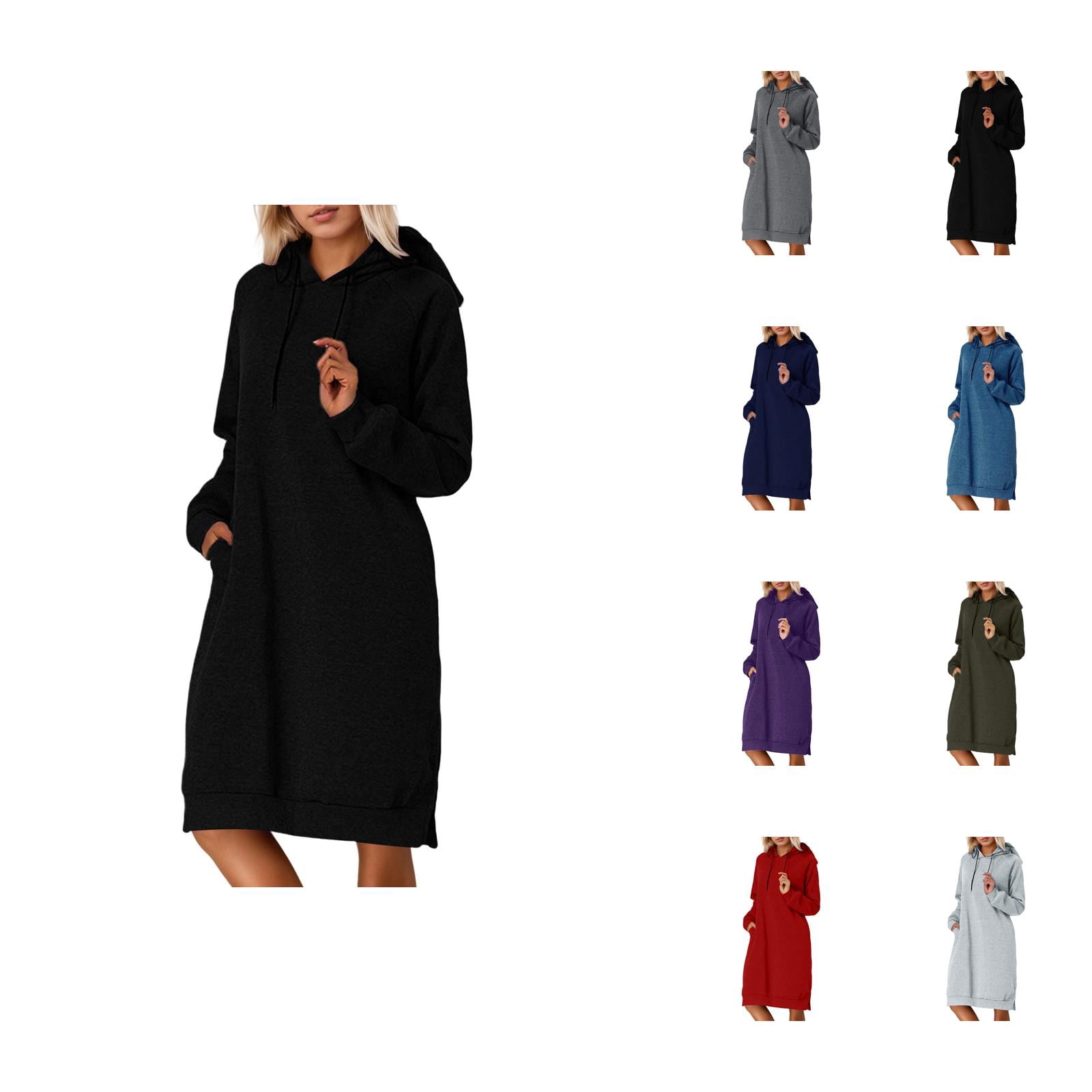 Longs Chandails à Capuchon pour Femmes 2025 Manches Longues Ourlet Fendu Robe à Capuchon Unie avec Poches Chandail à Capuchon pour Femmes