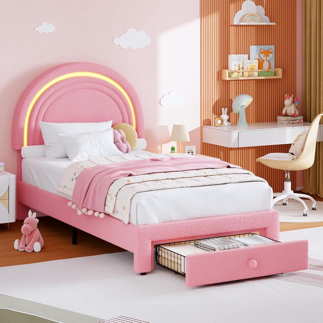 Twin Upholstered LED Bed Frame - with Storage Drawer and Rainbow Headboard, Berber Fleece Princess Platform Bed for Kids, Solid Wood Slats Support, No Box Spring Needed, Easy Assembly, Pink