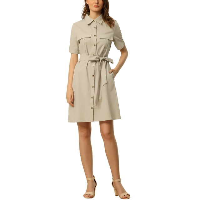INSPIRE CHIC Robe Chemise Boutonnée à Col pour Femme à Manches Courtes Style Safari avec Poches et Ceinture Beige m