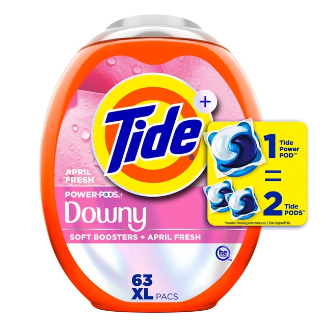Tide Power PODs + Downy Laundry Detergent Pods in a 63 XL pac orange container with April Fresh scent and soft boosters, showing 1 Tide Power POD equals 2 Tide PODS for enhanced cleaning, HE compatible and effective in cold water.
