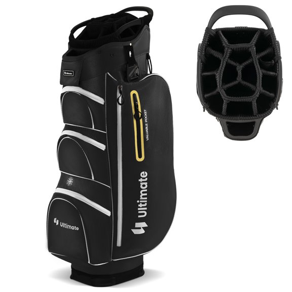 Patiojoy 15-Way Golf Cart Bag Golf Club Bag with 15 Ways Organizer Divider Top 7 Zippered Pockets Cooler Bag Umbrella Holder Rain Hood Black + Yellow