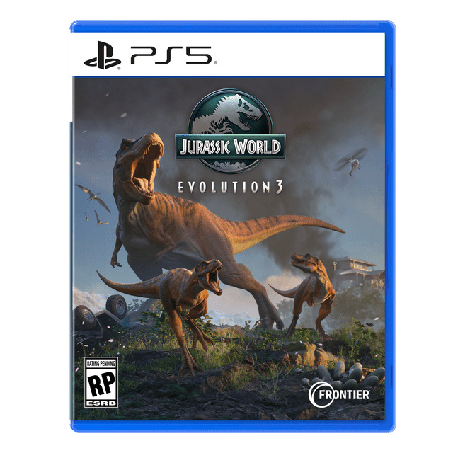Monde Jurassique Évolution 3 (PS5) Couverture de Jeu Affichant Trois Tyrannosaures rex Rugissants dans un Parc avec des Véhicules Retournés, des Oeufs de Dinosaure au Premier Plan et un Hélicoptère Volant dans un Ciel Nuageux, Illustrant l'Élevage de Dinosaures et la Gestion du Parc.