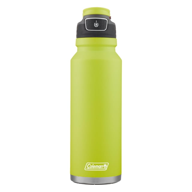 Coleman FreeFlow AUTOSEAL Stainless Steel Water Bottle, 40 oz (1.18 L), Spider Mum Green, front-facing with a tall cylindrical shape and bright green matte finish. It features a black AUTOSEAL button lid with a white water drop icon, protective spout cover, and stainless steel base. This insulated water bottle keeps drinks cold or hot, prevents spills, and is easy to clean, suitable for outdoor hydration.