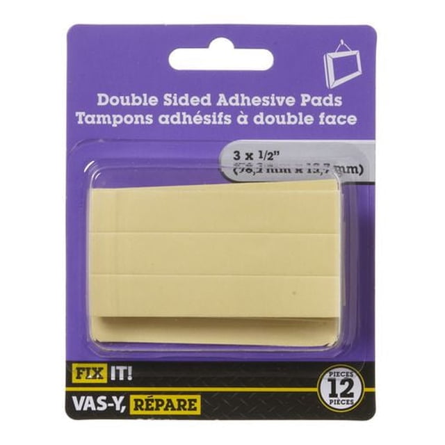 3" x 1/2" Double Sided Adhesive Pads 12 Pieces in beige rectangular strips on a purple and black FIX IT! branded card with bilingual English and French text, designed for peel-and-stick use on tile, metal, glass, plaster, and smooth wood surfaces in home improvement.