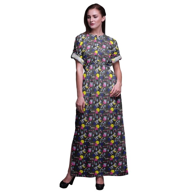 Bimba Rayon Circle & Triangle Geometric Smocked Waist Printed Gown Maxi Side Slit LadiesDress-Small