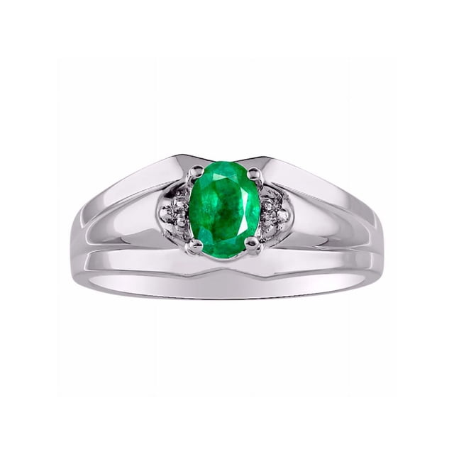 RYLOS Mens Rings Sterling Silver Classic Design 7X5MM Oval Gemstone & Diamond Emerald May Birthstone Ring Size 9