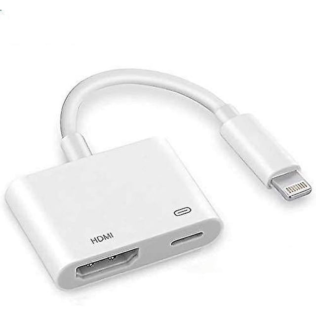 Digital AV HDMI adapter, Apple MFi certified iPhone Lightning to HDMI connector compatible with various iPhone and iPad models. The compact white adapter features a Lightning connector on one end and an HDMI port alongside a Lightning charging port on the other. Designed for mirroring content to HDMI-equipped displays with up to 1080p resolution. Lightweight and portable, suitable for home entertainment, business meetings, and education.