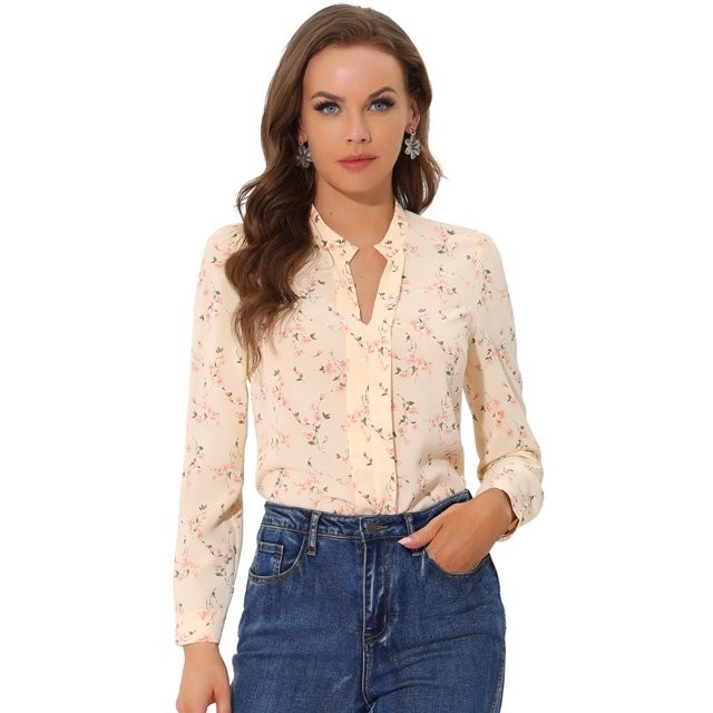 Unique Bargains Imprimé Floral Femmes Entaille V Cou Bureau Blouse à Manches Longues Abricot XS