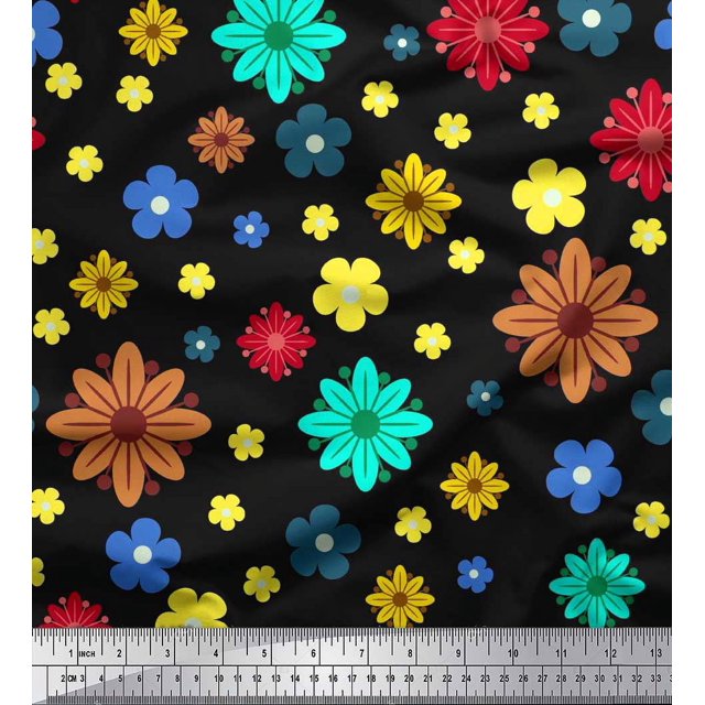 Soimoi Modal Satin Fabric Colorful Flowers Clip Art Print Sewing Fabric Yard 42 Inch Wide