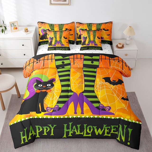 YST 7-Piece Halloween Bedding Set, Black Cat Theme, Queen Size, Polyester, Bed in a Bag
