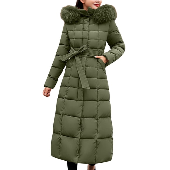 Hontri Women's Down Jackets & Parkas Waterproof on Sales, Women's Solid Color Long Hooded Wool Collar Cotton Jacket Pocket Long Sleeve Coat White,Red,Grey,Black,A,B