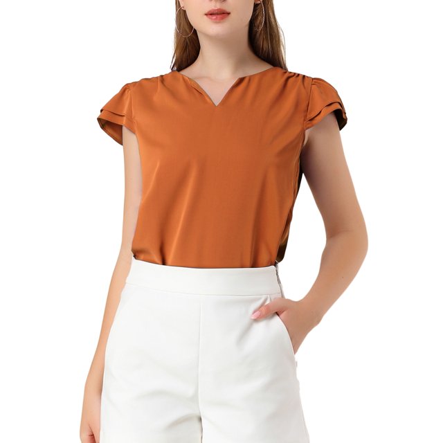 INSPIRE CHIC Women's Solid V Neck Cap Short Sleeves Work Blouse