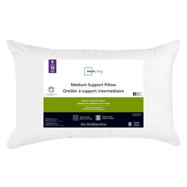 Mainstays Medium Support Bed Pillow, King- Cotton Cover, Stomach Sleeper