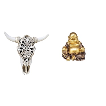 Elodie Cow Head Wall Decor Sculpture Ornament Tribal Bull Head Art with Maitreya Buddha Feng Shui Tabletop Laughing Buddha Statue for Office Farmhouse Bedroo