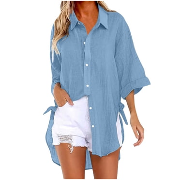 fheaev Hauts d'Été pour Femmes 2025 Vacances Chemises Boutonnées pour Femmes Manches Courtes T-Shirts en Coton et Lin à Boutons avec Poche Tunique de Travail à Col en V Blouse Hauts à Col