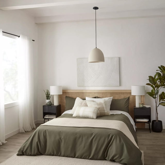 Bouclair Green Wales Collection - Waffle Duvet Cover Set King displayed in a modern bedroom setting. This bedding set includes a green duvet cover and matching pillow shams, crafted from a soft polyester and cotton blend for comfort and breathability. Dimensions are 92 inches wide by 108 inches long. The bed is styled with neutral throw pillows and a beige blanket, complemented by a woven headboard and minimalist decor.