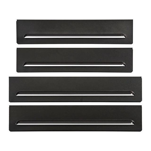 Blackstone 28" wind guard kit with four matte black metal panels, two short side pieces and two longer back pieces with horizontal slots, designed to deflect wind and maintain heat on outdoor griddles.
