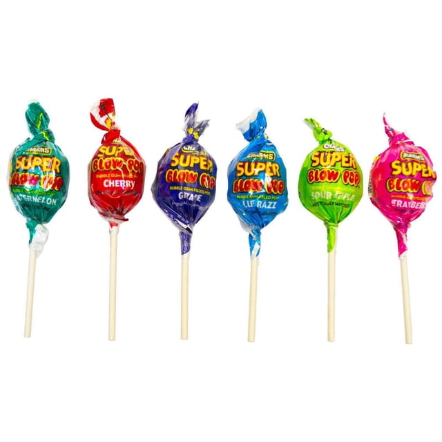 Charms super blow pops bubble gum filled lollipops in six flavors with colorful wrappers: watermelon green, cherry red, grape purple, blue razz blue, sour apple light green, and strawberry pink, each individually wrapped with white sticks for freshness and convenience.