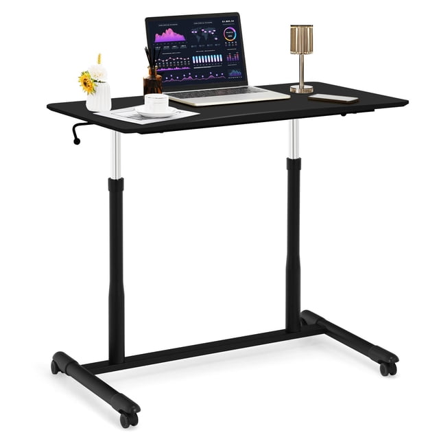 Giantex Bureau Debout Mobile à Hauteur Réglable, Petit Bureau d'Ordinateur Pneumatique Assis-Debout avec Roulettes Verrouillables, Table Ergonomique Roulante pour Ordinateur Portable pour Bureau à Domicile, Noir