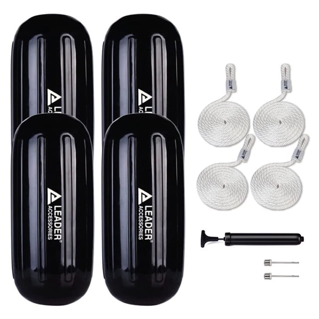 Leader Accessories Hole Through Middle Ribbed Inflatable Black 8''x20'' Boat Fender Pack of 4 Includes 3/8'' Fender Lines Pack od 4 and Pump to Inflate