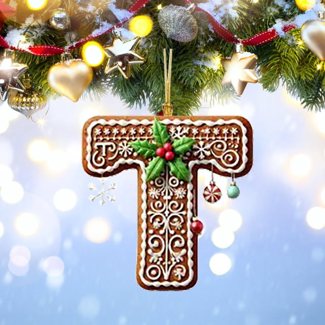 Rwnbm 26 Letters Christmas Tree Decoration Pendant featuring the letter 'T' with intricate patterns, holly leaves, and festive ornaments. This personalized DIY Christmas ornament, made of durable acrylic material, is lightweight and ideal for holiday decor such as Christmas trees, wreaths, and stockings.