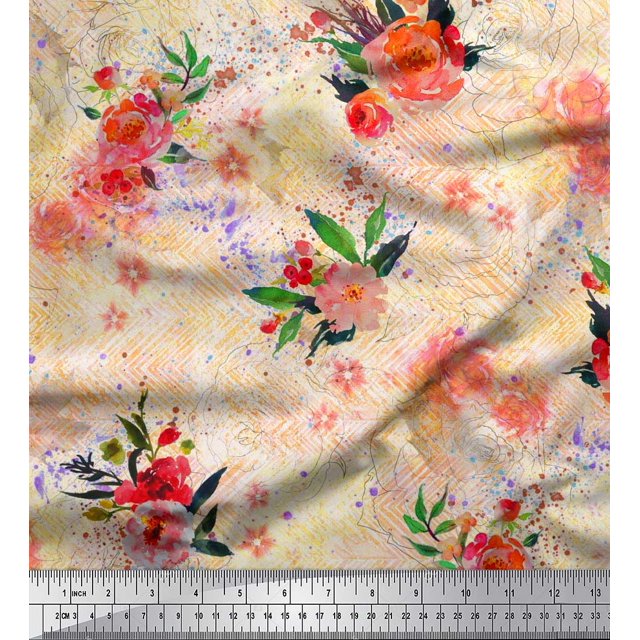 Soimoi Poly Georgette Fabric Leaves & Rose Flower Decor Fabric Printed Yard 52 Inch Wide