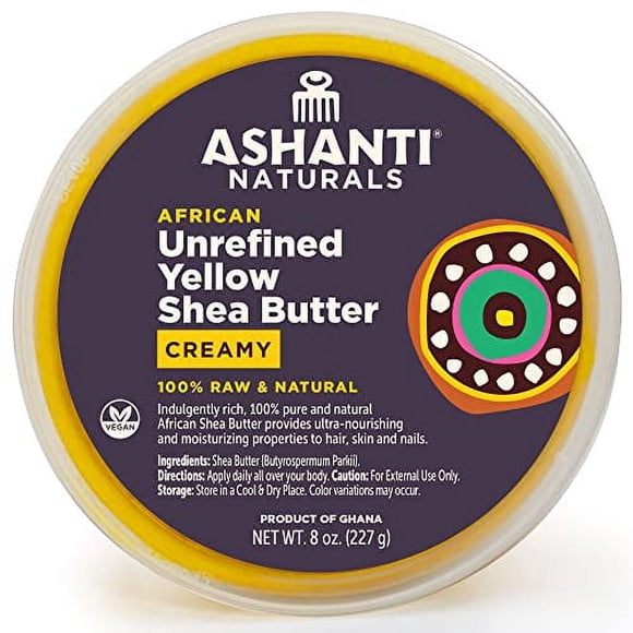 Ashanti Naturals Beurre de Karité Brut Fouetté Jaune Non Raffiné Beurre de Karité Africain Hydratant Crémeux pour une Application Facile - 8 oz