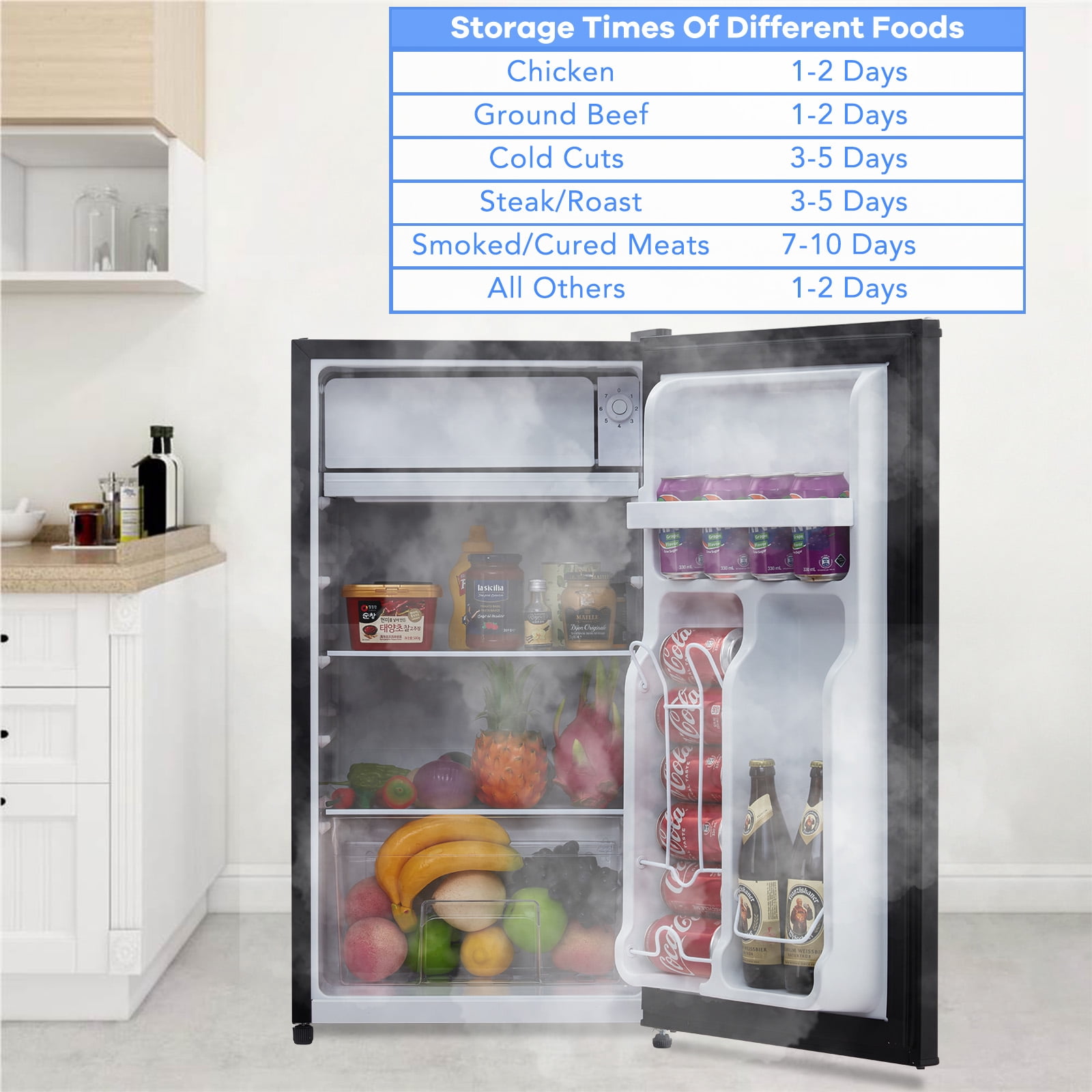 Tookss 3.2CU FT Portable Single Door Fridge 110V-91L Reversible Refrigerator with 5 Adjustable Thermostat & LED Light