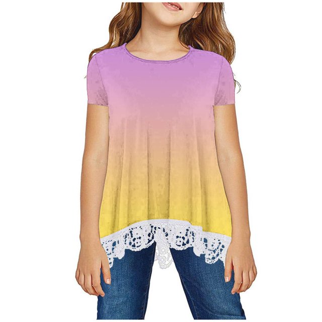 MeetoTime Kids Short Sleeve Tops Summer Casual Round Neck Gradient Color Lace Layered T-Shirt Tee for Girls