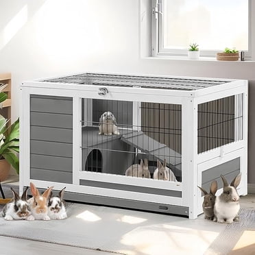 JFHID 35.4" Wooden Rabbit Hutch with Run, Deep Leak-Proof Tray, Hideaway & Lockable Doors