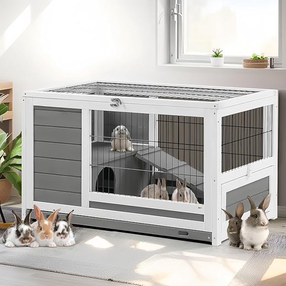 JFHID 35.4" Wooden Rabbit Hutch with Run, Deep Leak-Proof Tray, Hideaway & Lockable Doors