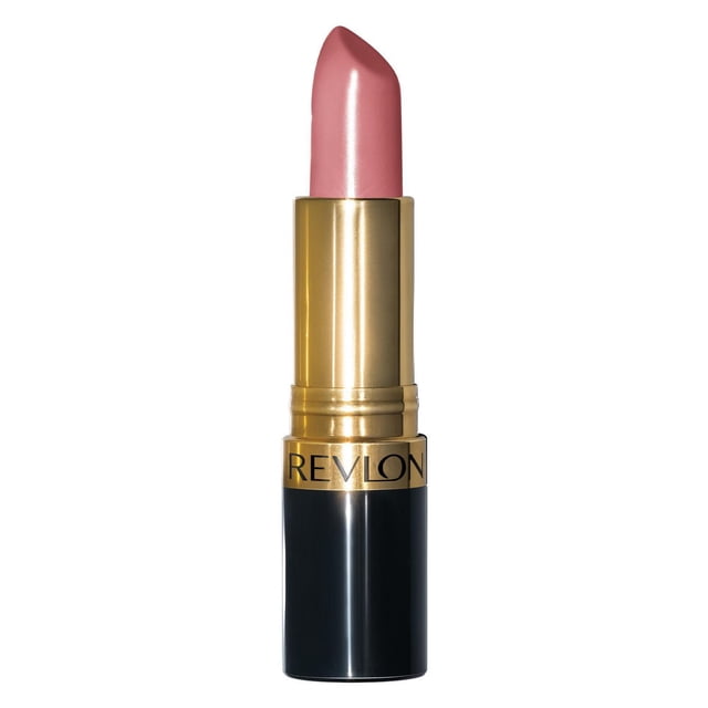 Revlon Super Lustrous Pearl Lipstick, Creamy Formula, 4.2g, shown in a centered front view with a pink pearl shade. The lipstick has a creamy texture and pearl finish, housed in a black and gold tube with the Revlon logo. Formulated with 80% conditioning ingredients for soft, fuller-looking lips and rich colour.