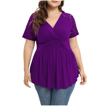 Pisexur T-Shirts pour Femmes à Col en V Portefeuille Grande Taille avec Découpe en Dentelle Manches Courtes T-shirt Décontracté Fluide Tunique Plissée Chemises Couleur Unie Chandail Blouse TG-5TG