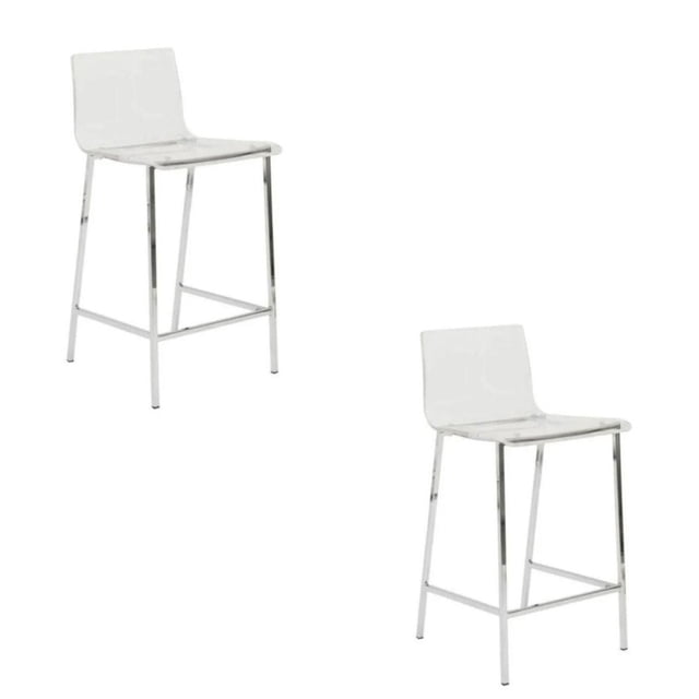 Plata Import Tabouret de Comptoir Transparent Pieds Chromés - Ensemble de 2 avec Deux Sièges en Acrylique Transparent et Pieds en Métal Finition Chrome avec Repose-Pieds, Conçu pour les Sièges de Cuisine et de Salle à Manger Modernes, Convient à un Usage Résidentiel Ou commercial et Est Souvent Utilisé comme Tabourets de bar Ou d'Îlot Stylés.