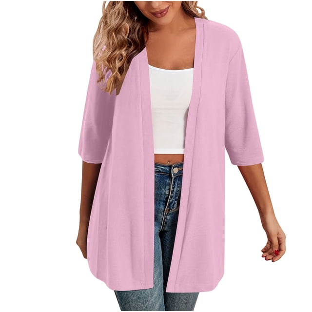 Timegard Cardigans for Women 1/2 Sleeve Open Front Lightweight Solid Color Casual Loose Jacket Tops