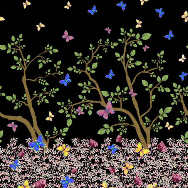 Soimoi Black Silk Fabric Insect & Tree Panel Print Fabric by The Yard 42 Inch Wide