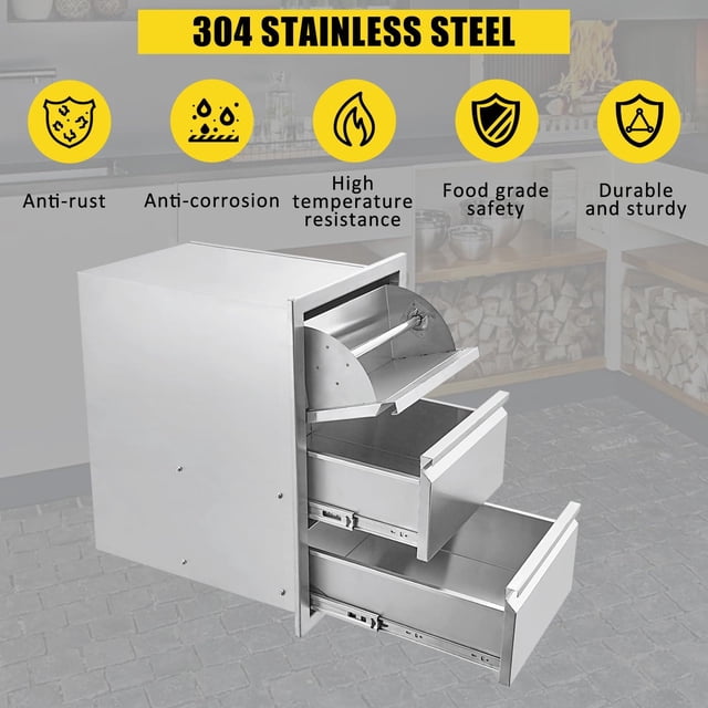 AKDSteel Outdoor Kitchen Drawers, Flush Mount Triple Access Bbq Drawers With Stainless Steel Handles For Patio Grill Stations