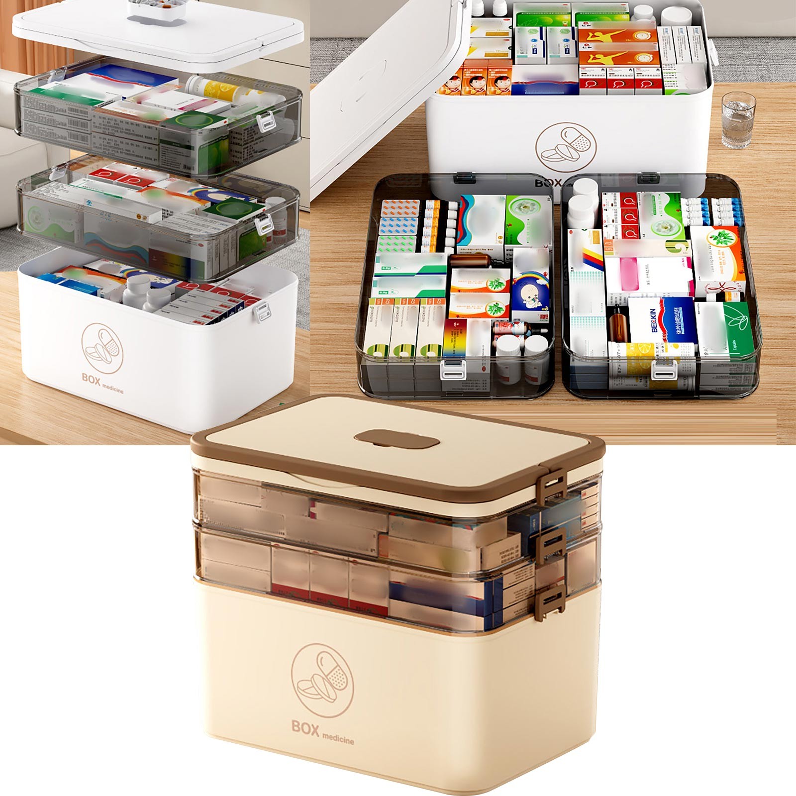 3-Tier Medicine Storage Box, Empty Family Emergencies First Aid Kit Container, Portable Plastic Medicine Storage Organizer Holder Multipurpose Box with Handle for Home, Travel