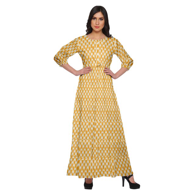 Moomaya Robe Longue Évasée Imprimée pour Femmes Manches 3/4 Col Rond Tenue Décontractée