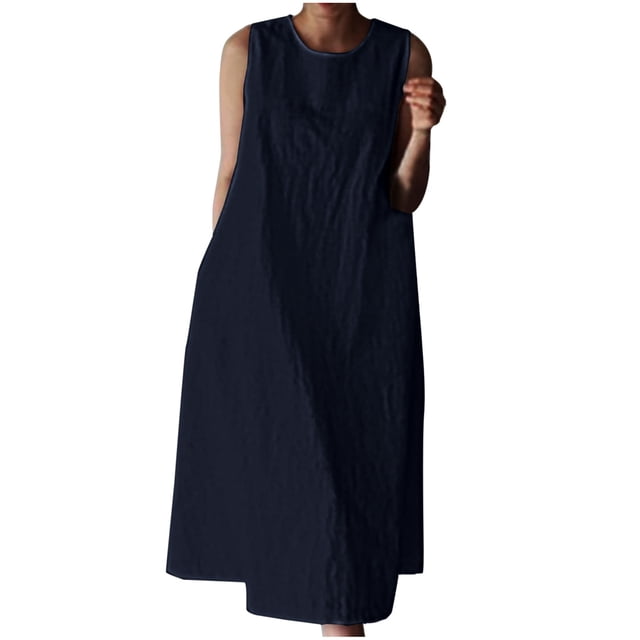 Birdeem Robe Débardeur Décontractée Sans Manches pour Femmes Printemps/été, Unie, avec Poches, Col Rond, Plissée, en Coton et Lin
