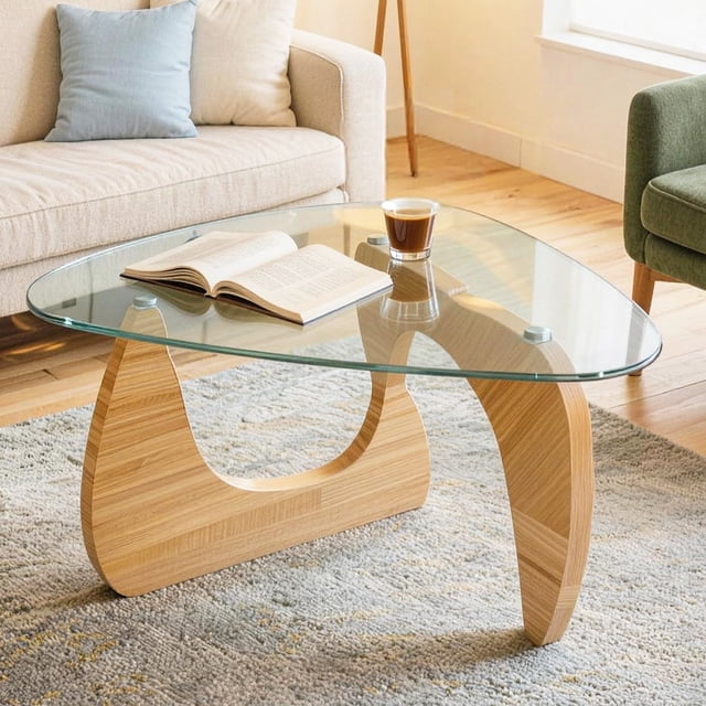 ClinQ 31.5" Coffee Table for Living Room, Mid Century Modern Center Table with Clear Glass Top and Cherry Wood Base, Transparent/Cherry