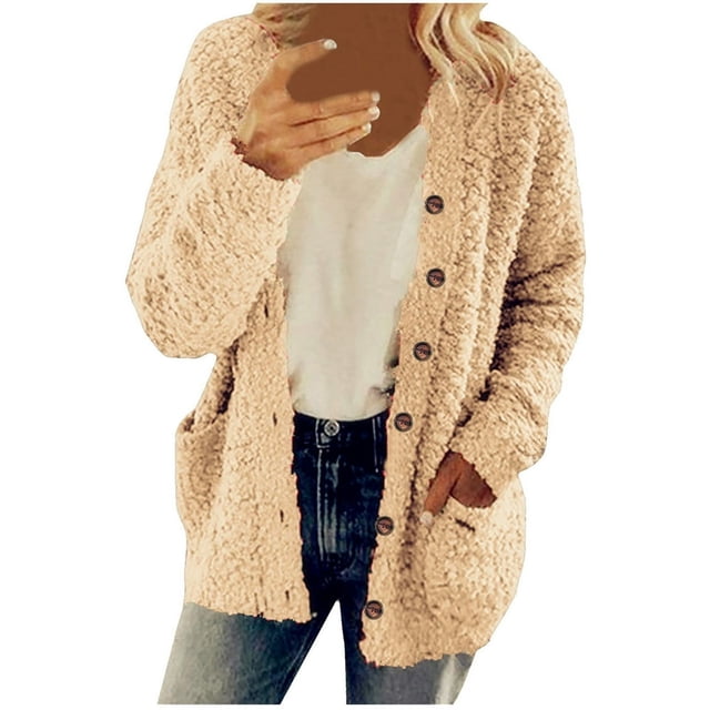 Women‘s Fleece Sweater Open Front Cardigan Plus Size Button Down Coat Winter Thermal Outwear Sweatshirt (XL White)