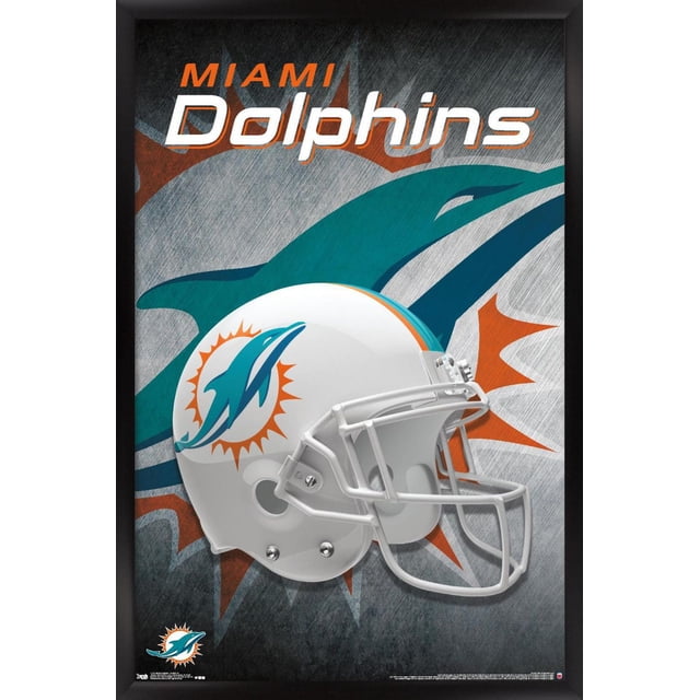 NFL Miami Dolphins - Affiche Murale Casque 18, 14,725 Po x 22,375 Po Encadrée Montrant un Casque de football Blanc Centré avec le logo Miami Dolphins teal dolphin et orange sunburst sur le Côté, sur Fond Texturé avec un Grand Graphique teal dolphin et des accents orange, art Mural Idéal pour la Déco de la Maison, les Bureaux Ou les Chambres de Fans de Sport.