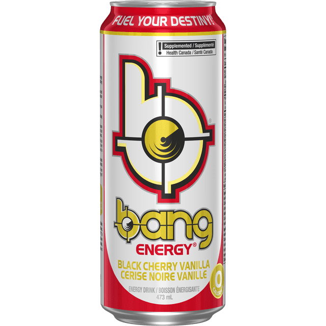 BANG ENERGY DRINK BLACK CHERRY VANILLA 473 mL can with white background and red top rim featuring 'FUEL YOUR DESTINY!'. The can displays the Bang logo in gold, black, and red, with 'ENERGY' in red below. The flavor 'Black Cherry Vanilla / Cerise Noire Vanille' is in gold text. A gold circle on the lower right indicates zero calories. This zero-calorie energy drink combines black cherry and vanilla flavors and is carbohydrate-free.