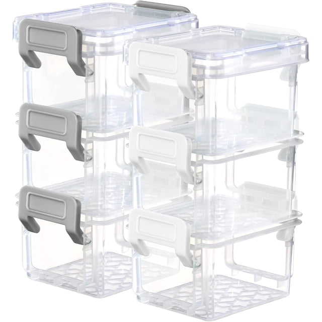 HAHDAXIA 6 Packs Small Storage Bins with Lids, mini stackable plastic containers with clear bodies and white and grey latch lids. Each bin measures 13.5 x 8.5 x 5.5cm, perfect for organizing crafts, beads, jewelry, and small items. Durable, space-saving design with secure latching for tidy storage and easy access.