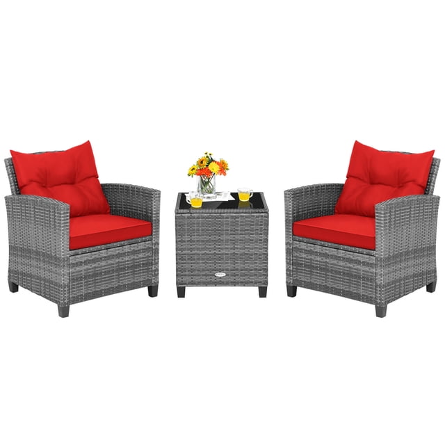 Costway Ensemble Bistro de 3 Pcs en Rotin pour Patio avec Deux Fauteuils Rembourrés Comprenant des Coussins Rouges et de l'Osier PE Gris Mélangé, avec une table d'Appoint en Verre Trempé. Parfait pour les Petits Espaces Extérieurs comme les patios, les Jardins et les Balcons.