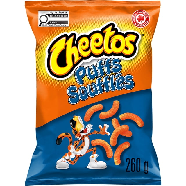 Cheetos Puffs cheese flavoured snacks bag with orange and blue packaging, featuring the yellow Cheetos logo, blue 'Puffs Soufflés' text, Chester Cheetah mascot juggling cheese puffs, and a 260 g label, made in Canada.