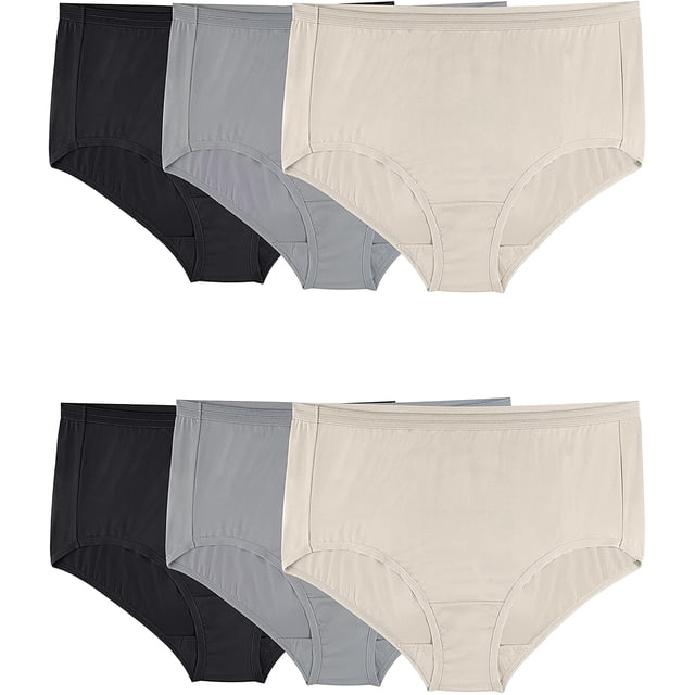 Fruit Of The Loom Culotte Brève en Microfibre pour Femmes Grande Taille Fit For Me, Lot de 6, 12. un Ensemble de six Culottes en Microfibre dans des Tons Neutres, Incluant Noir, Gris et beige. Ces Culottes Grande Taille Présentent un design Sans Coutures pour un Ajustement Lisse sous les Vêtements, une Taille Sans Ravage pour le Confort et une Doublure 100 % Coton. Idéal pour le Quotidien, Offrant une Sensation Douce et Sans Étiquette.